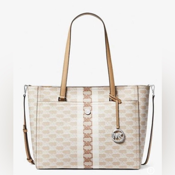 Michael Kors Handbags - EUC Michael Kors Maisie Large Logo Striped 3-in-1 Tote Bag Carmel White
